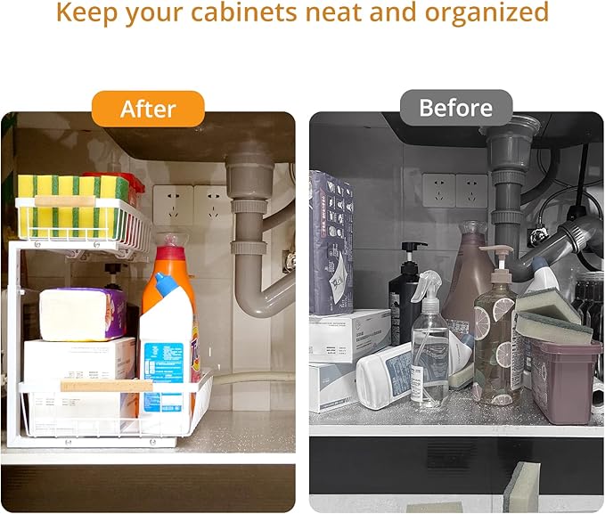 whalenoble Under Sink Organizer 2 Pack, 2 Tier Pull Out Cabinet Organizers and Storage for Kitchen Bathroom Pantry Laundry, Adjustable Height, Slide Out Thickened Metal Storage Shelf (Black, 2 Pack)