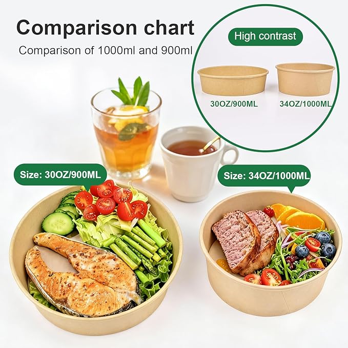 Disposable Round Paper Bowls with Lid 30 oz,50 Sets Microwave Deli Containers Leakproof Acai Bowls, Salad Bowl with Lid for Lunch, Disposable bowls with lids for Soup Toppings Snack Camping Family