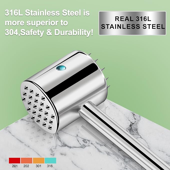 Real 316L Stainless Steel Meat Tenderizer Mallet Hammer,2-in-1 Professional Meat Tenderizer tool,Sharp Spikes for more Flavor,Commercial Grade Kitchen Mallet Pounder,Heavy Duty 1.09lb,Dishwasher Safe
