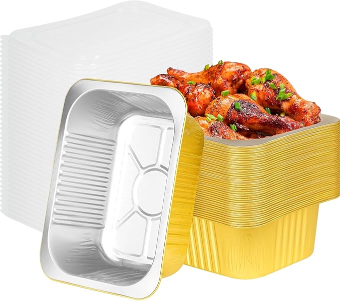 Fothwart 8.6"×6.5"×2.4" - 40 Pack 3LB/48oz Gold Aluminum Foil Pans with Lids Heavy Duty, Foil Food Containers with Lids, Tin Foil Pans for Baking, Meal Prep, Freezer, Heating and Takeout