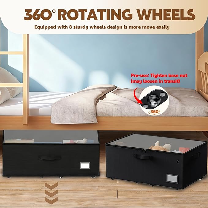 Under Bed Storage with Wheels, 2-Pack Under Bed Storage Containers, No Assemble Required 10 inches Height, Rolling underbed storage Drawers, Underbed Storage Bins for Shoes, Clothes, Blankets, Toys