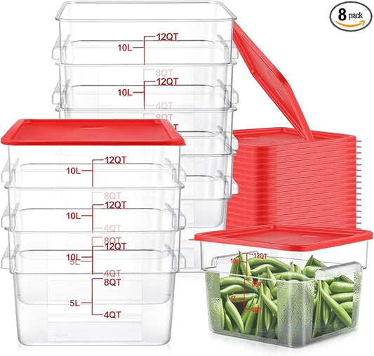 8 Sets Square Food Storage Containers with Lids Dough Proofing Bucket Commercial Polycarbonate Containers with Scale Clear Airtight Cereal for Pantry Home Restaurant (Red,12 Qt)