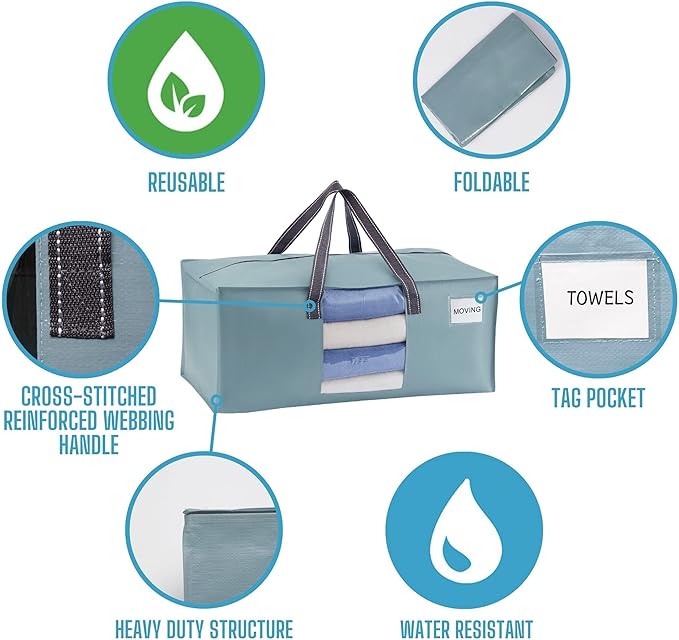 VENO 4 Pack Heavy Duty Moving Bags, Christmas Storage Bins with Lids, Transparent Window Design, Alternative to Moving Boxes, Storage Bags for Clothes, Blankets, Comforters (Light Blue Matte, 4 Pack)