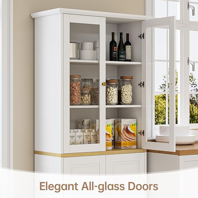 71" Kitchen Pantry Cabinet with Glass Doors, Modern Coffee Bar Storage Cabinet with Adjustable Shelves & Wooden Doors, Freestanding Cupboard for Dining Room or Living Room, White