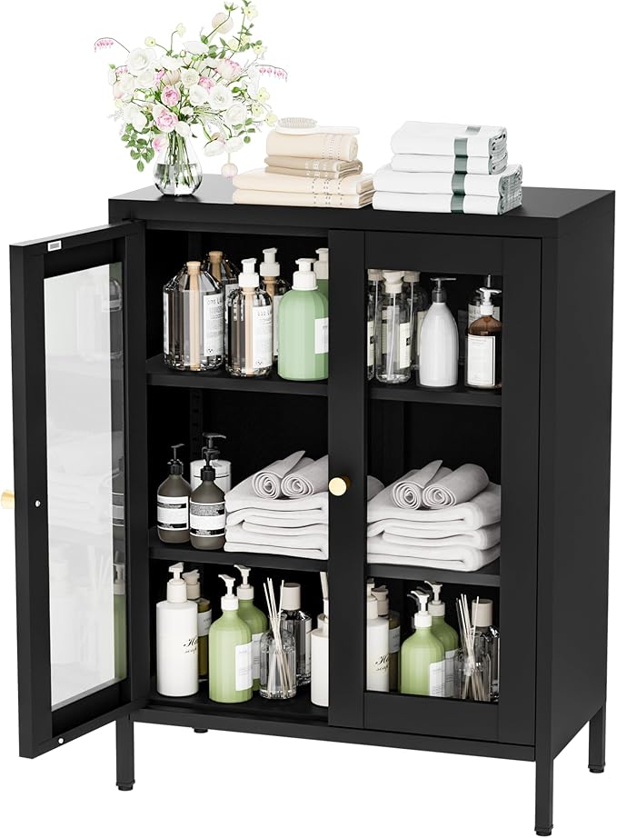 YAUWOH Metal Bathroom Cabinet with Glass Doors,Bathroom Floor Storage Cabinet with 2 Adjustable Shelves & 2 Doors, Sideboard for Small Spaces, Living Room, Dining Room, Home Office