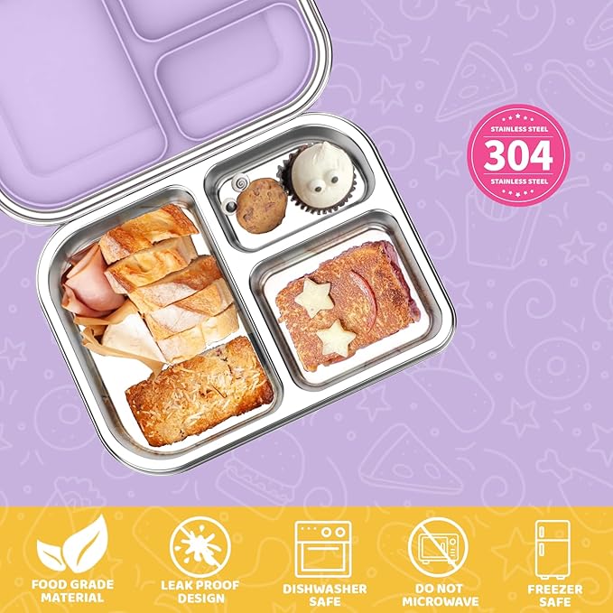 Stainless Steel Bento Box for Kids 1000ml - 3 Compartment Lunch Box for Adults, Leakproof Food Container, BPA-Free Metal Lunch Box with Silicone Seal, Eco-Friendly/Dishwasher Safe (Green)