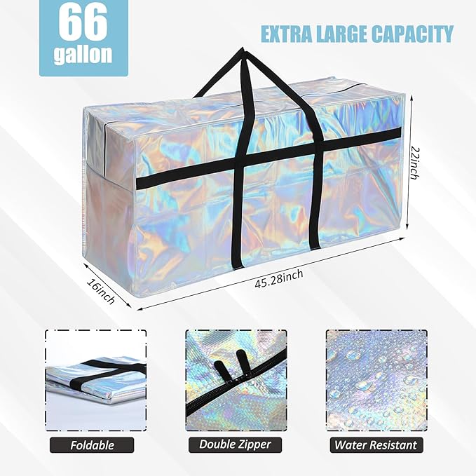 4 Pcs 66 Gallon Extra Large Moving Bags Heavy Duty Storage Bag with Strong Zipper Handle Foldable XXL Jumbo Storage Tote Packing Moving Box for College Dorm Travel Cloth Duffle (Iridescent)