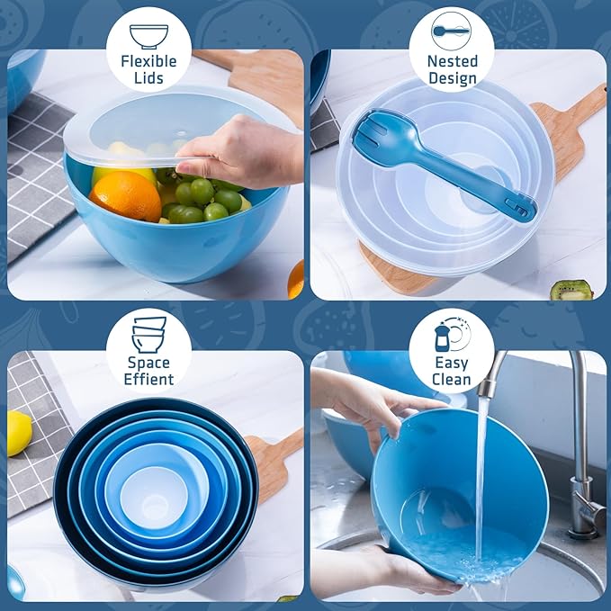 LUXEAR 14 Piece Mixing Bowls with Lids Set, Super Large(6.87-0.21QT) Plastic Nesting Bowls 6 Prep Bowls 6 Lids 2-in-1 Spoon-For Microwave Dishwasher Safe for Preparing Mixing Serving Storing