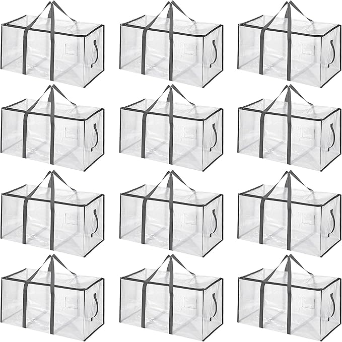 Aliceset 12-Pack Clear Moving Bags 90.84L Heavy Duty Extra Large Storage Totes with Reinforced Handles & Zippers, for Moving, College Dorm, Traveling(Gray)