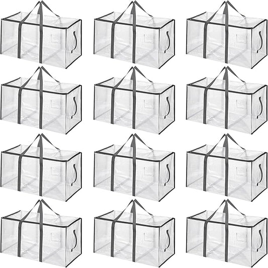 Aliceset 12-Pack Clear Moving Bags 90.84L Heavy Duty Extra Large Storage Totes with Reinforced Handles & Zippers, for Moving, College Dorm, Traveling(Gray)