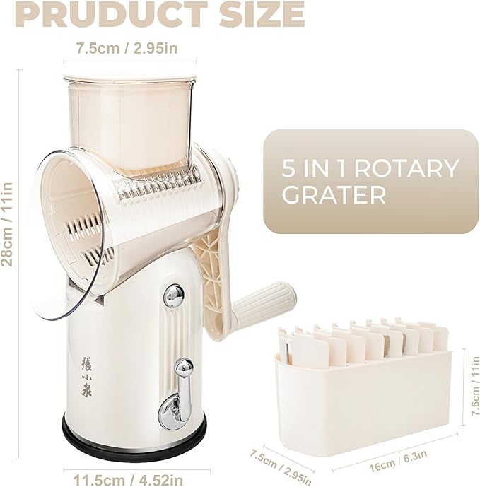 Rotary Cheese Grater Hand Crank with 5-in-1 Interchangeable Blades & Strong Suction Base Vegetables Shredder Manual Slicer for Kitchen, Cream