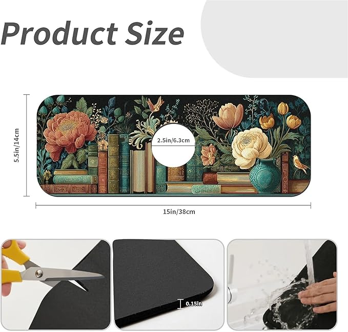 Kitchen Sink Splash Guard，Flowers and Books Faucet Mat Sink Gadgets-Super Absorbent Fast Drying Mat Drip Catcher for Kitchen, Bathroom,Sink Mat, Dish Drying Mat, Bathroom(15" X 5.5" )