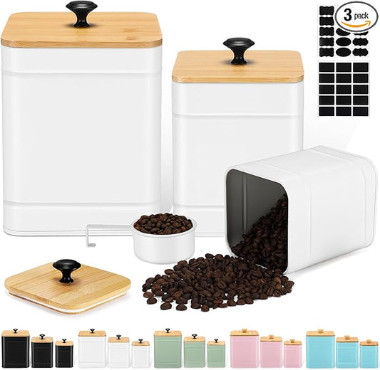 Tioncy Kitchen Canisters for Countertop Set of 3 Metal Canisters Sets with Bamboo Lids Spoon Airtight High Capacity Coffee Tea Sugar Flour Jars with DIY Labels Farmhouse Food Storage (White)