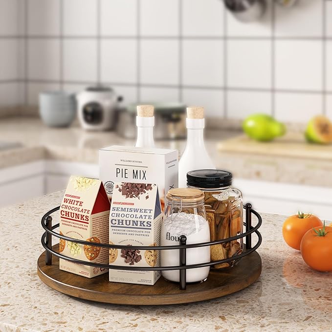 LIAISIMI 12" Lazy Susan Turntable Organizer,Round Wooden Lazy Susan Organization and Rotating Spice Rack for Dining Table,Pantry,Kitchen Countertop,Vanity,Cupboard and More. (Heightened Version,Round)