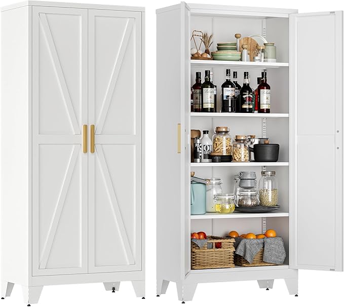 LCAOPC 71" Tall Metal Storage Cabinet with 2 Doors and 4 Adjustable Shelves, 5-Tier Kitchen Pantry Storage Cabinet for Kitchen, Living Room, Dining Room and Office, White