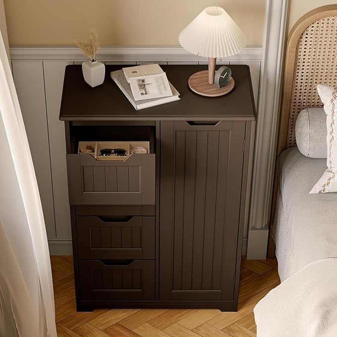 Gizoon Small Pantry Storage Cabinet with Door and Shelves, 33'' Pantry Cabinet Freestanding Wooden Bathroom Storage Cabinet with 4 Drawers for Kitchen and Dining Room, Dark Brown