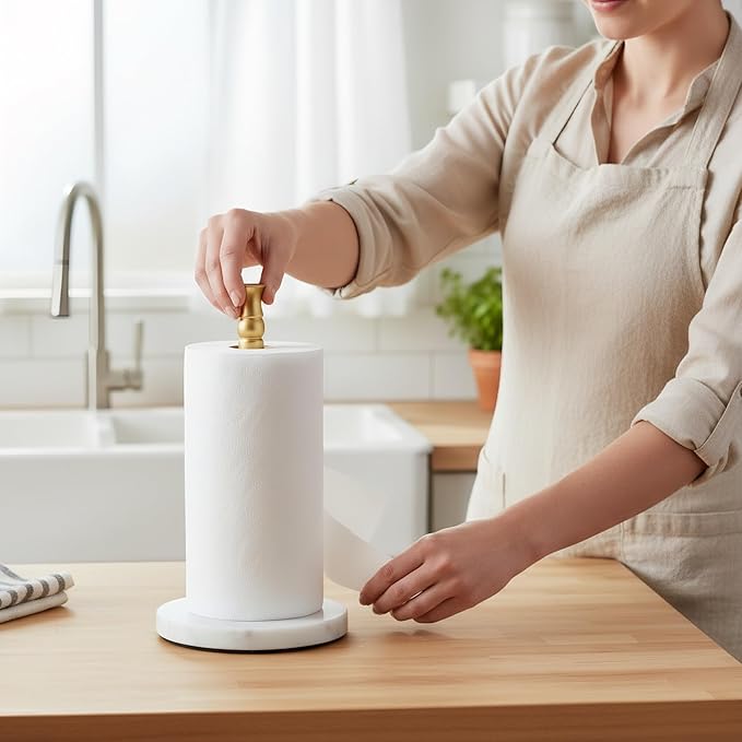 Siwil Paper Towel Holder Stand, One-Handed Ripping Paper Towel Roll Holder Countertop, Heavy Marble Base, NOT Tip Over - (Marble Base, Gold)