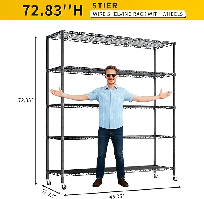 VINGLI 5 Tier Metal Storage Shelves 73''H Wire Shelving with Wheels for Storage Adjustable Heavy Duty Garage Shelving Storage Racks for Pantry Shelves Kitchen Office Garage, 73''H X46''W X17''D