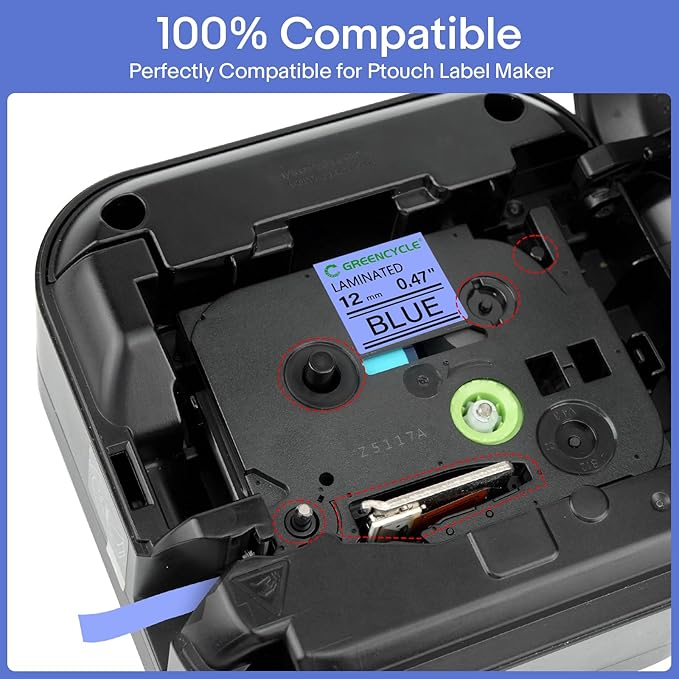 GREENCYCLE 10 Pack Compatible for Ptouch TZe-531 AZE 531 TZ531 TZ-531 1/2" 12mm 0.47 inch Laminated Black on Blue TZ TZe Label Tapes Used in PTH110 PT-D200 PTD600 D400 Label Makers