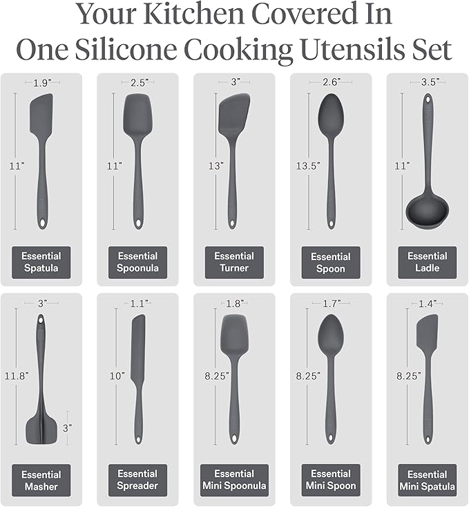 GIR: Get It Right 10 Piece Silicone Essentials Kitchen utensils set - Ladle, Spatula, Flip, Spoon & Spoonula - Non toxic cooking utensils for Nonstick Cookware, Cooking and Baking - Charcoal
