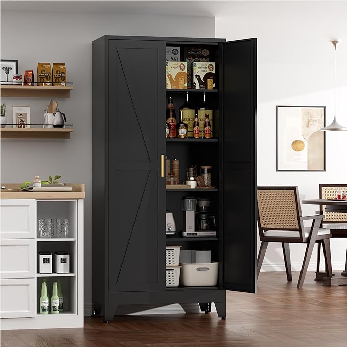 YNIQUESTLE Farmhouse Pantry Cabinet with Barn Doors, 71" H x 31.5" W, 5-Tier Metal Storage Cabinet with 4 Adjustable Shelves for Kitchen Garage Dining Room, Black