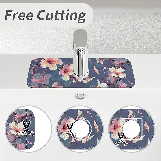Kitchen Sink Splash Guard，Japanese camellia butterfly Faucet Mat Sink Gadgets-Super Absorbent Fast Drying Mat Drip Catcher for Kitchen, Bathroom,Sink Mat, Dish Drying Mat, Bathroom(15" X 5.5" )