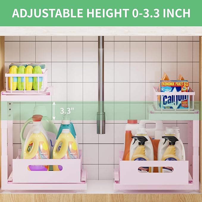 Under Sink Organizer Storage 2-Tier Premium Metal Pull-Out Racks, Height Adjustable, Heavy Dut and Easy Installation for Kitchen & Bathroom Organizers 1 Pack
