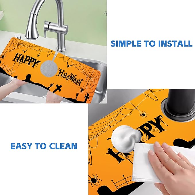 Halloween Bats Spider Webs Dish Drying Mat for Kitchen Sink Splash Guard Behind Faucet Sink Mat Absorbent Fast Drying Faucet Draining Mat for Bathroom Kitchen 5.5"×15"