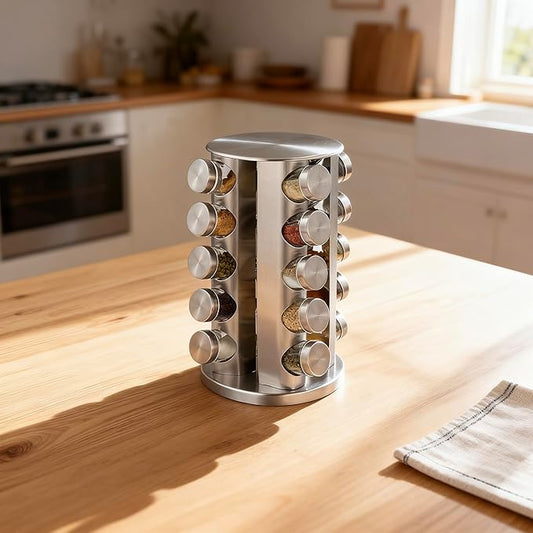 Wintline 20 Jar Revolving Spice Rack,Kitchen Spice Organization for Cabinet or Countertop,Seasoning Spice Organizer with Polished Stainless Steel&Black Caps