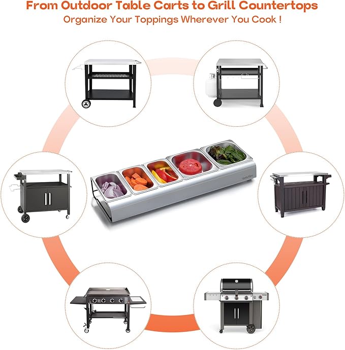 Onlyfire Pizza Topping Station, Stainless Steel Condiment Seasoning Containers with Lid and 5 Compartment Trays for Prepping Ingredients and Toppings, Pizza Oven Accessories Outdoor
