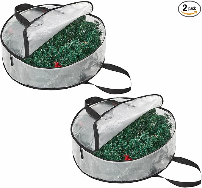 2 Pack Clear Christmas Wreath Storage Bags 24 Inch - Waterproof Oxford Wreath Container with Dual Zipper and Reinforced Handles for Artificial Wreath, Garland and Holiday Decor Organization