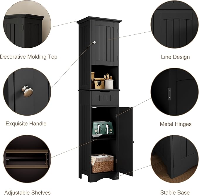 ChooChoo 67" Tall Bathroom Storage Cabinet, Narrow Bathroom Cabinet with 2 Doors and 1 Drawers, Freestanding Cupboard Floor Cabinet with Adjustable Shelves for Living Room, Kitchen, Black