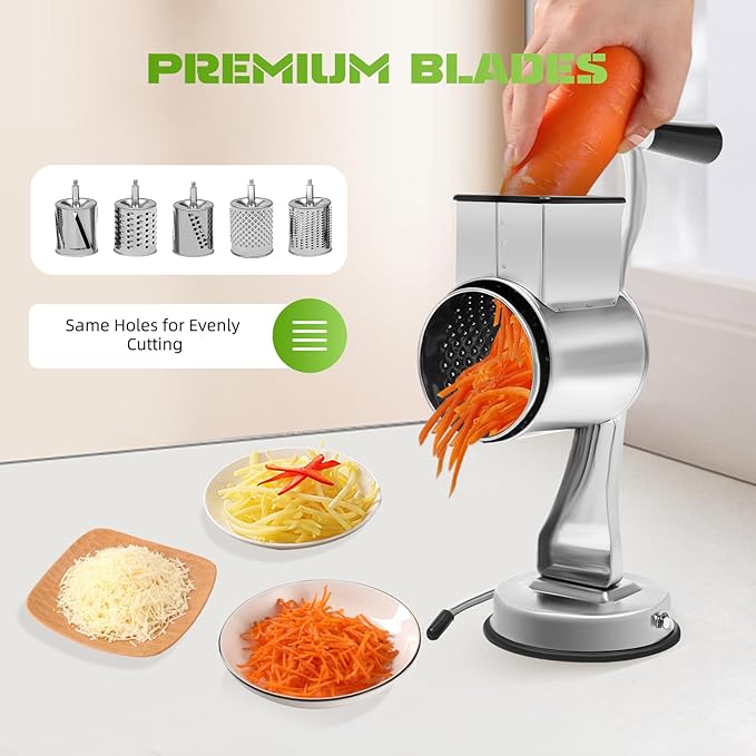 Rotary Cheese Grater Manual Potato Grater, Rotary Food Grater With 5 Stainless Steel Drums, 5 In 1 Rotary Cheese Grater Vegetable Slicer For Cafeterias Restaurants Hotels