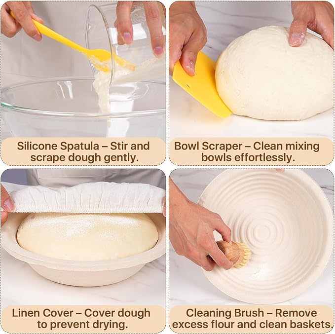 Non-Stick 10” Oval Wood Pulp Banneton Bread Proofing Basket Set, Sourdough Banneton Basket Kit, Bread Making Tool Sourdough Starter Kit with Proofing Bowl, Cover, Dough Whisk, Lame, Scraper