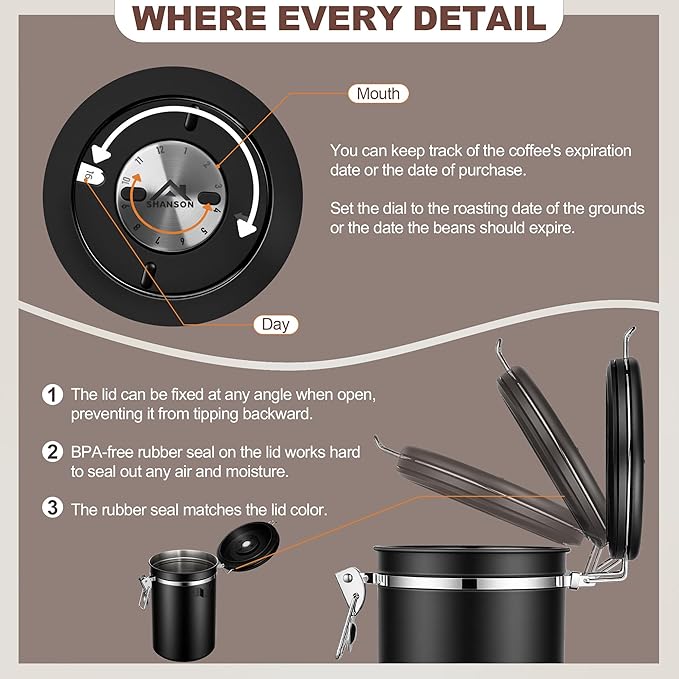 ShanSon Coffee Canister Airtight Coffee Container Stainless Steel Coffee Bean Storage Container with Scoop Coffee Canister for Beans Grounds Sugar Flour Tea Cereal,11OZ, Black