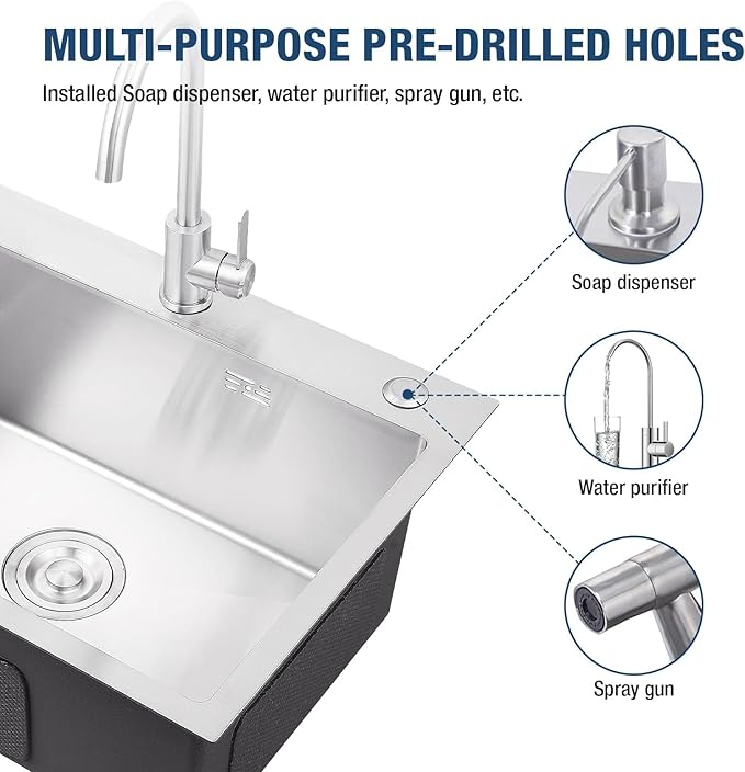 33" x 19" Drop-In Kitchen Sink, 9" Deep Single Bowl Topmount with Nano Coating, Stainless Steel for Kitchen & Laundry Room, Includes Accessories