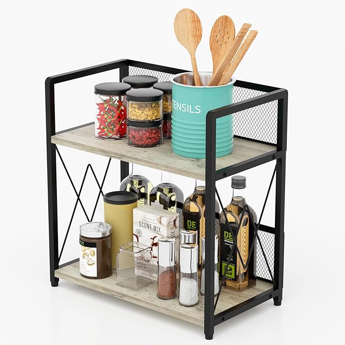 Aduanbang Coffee Bar Accessories Organizer, Seasoning Organizer, 2 Tier Wooden Kitchen Counter Shelf, Coffee Organizer Station for Countertop, Coffee Condiment Rack for Mugs, Cups, Cream, Syrup