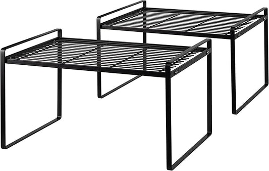 Shantton 2Pack Kitchen Cabinet Shelf Counter Organizer Rack Pantry Storage Bathroom Bedroom Office Table Desk Space Saving Stackable Rust Resistant Non Slip Black Tall Wide L16.1in W10.6in H9.5in