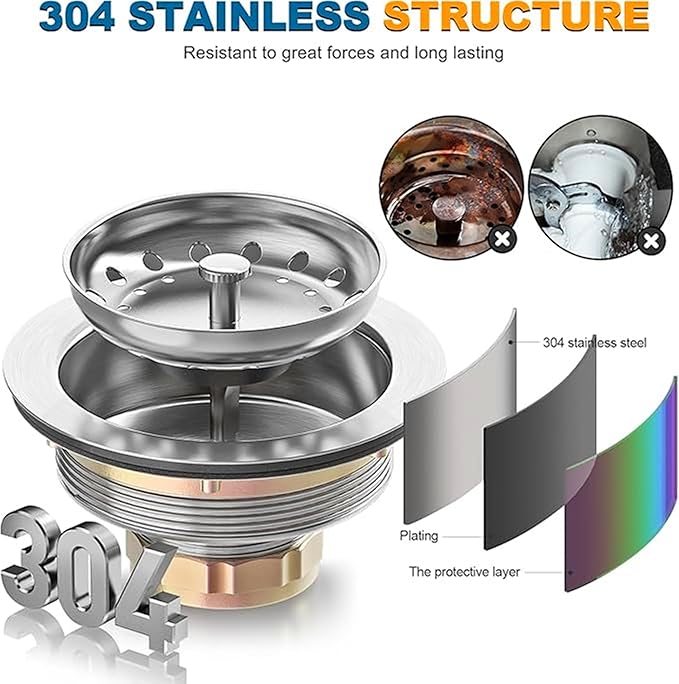 3-1/2 Inch Kitchen Sink Drain Assembly with Strainer Basket/Drain Stopper, All Stainless Steel Sink Drain Kit Durable and Rustproof