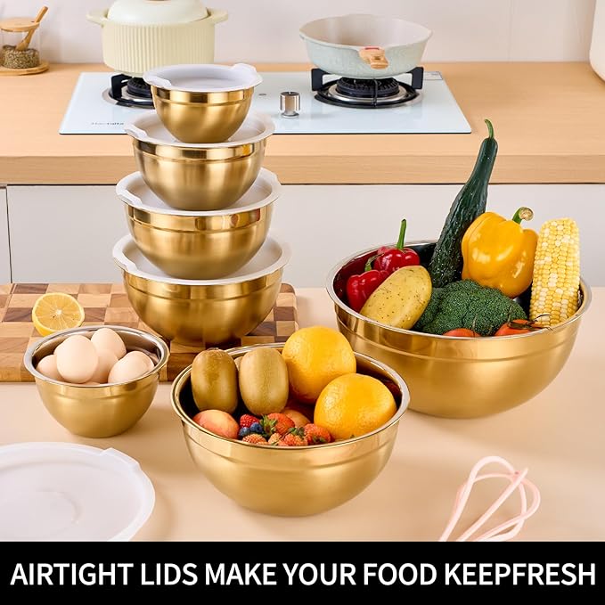 LKTDYMEG Gold Mixing Bowls with Lids Set of 7, Stainless Steel Nesting Bowl with Khaki Lid for Non-slip Mixing Prepping Storing Serving, 7 Sizes-7/3.6/2.7/2.1/1.5/1/0.8 QT