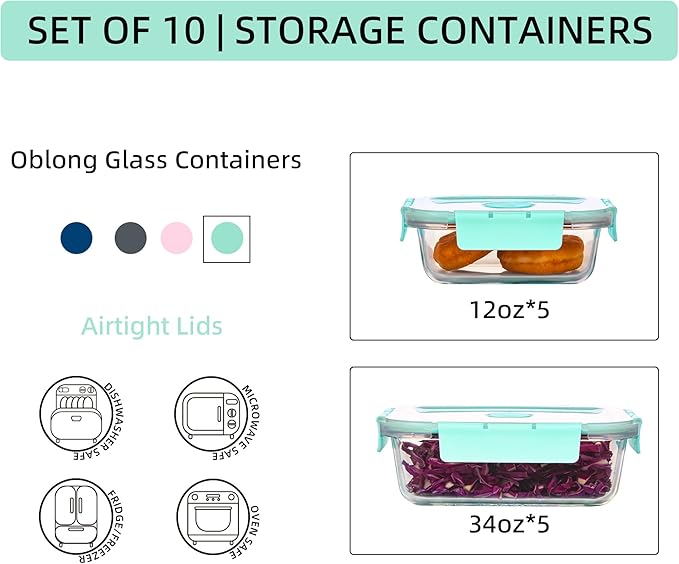 YANGNAY 10 Pack Glass Meal Prep Containers with Steam Vent, Food Storage Containers with Airtight Lids, Dishwasher/Microwave/Oven/Freezer Safe Glass Containers for Leftovers (Green)
