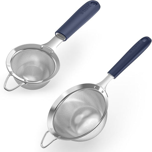 U-Taste Fine Mesh Food Strainer: 18/8 Stainless Steel 30 Mesh Kitchen Sieve with Sturdy Riveted Silicone Handle, Heavy Duty Deep Handheld Metal Colander (Small/3.35in+Medium/4.73, Midnight Blue)