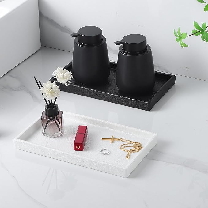 Eyrozia Bathroom Vanity Tray - 11'' Ceramic Rough-Textured Rectangle Countertop Tray, Heavy-Duty Perfume Organizer Plate, Jewelry Ring Tray, Kitchen Soap Dispenser Stone Trays, White