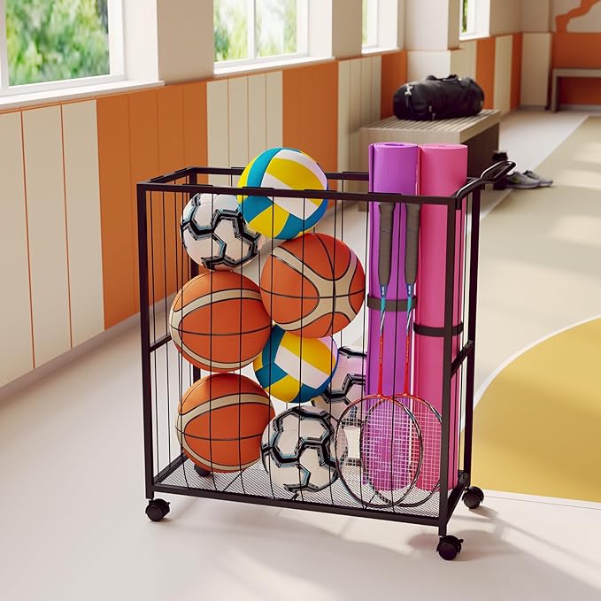 Ball Storage Bin Rolling Sports Ball Cart, Metal Garage Organizer Sport Rack, Ball Basket Storage, Ball Cage for Garage or Gym, Indoor & Outdoor Sports Equipment Organizer Black