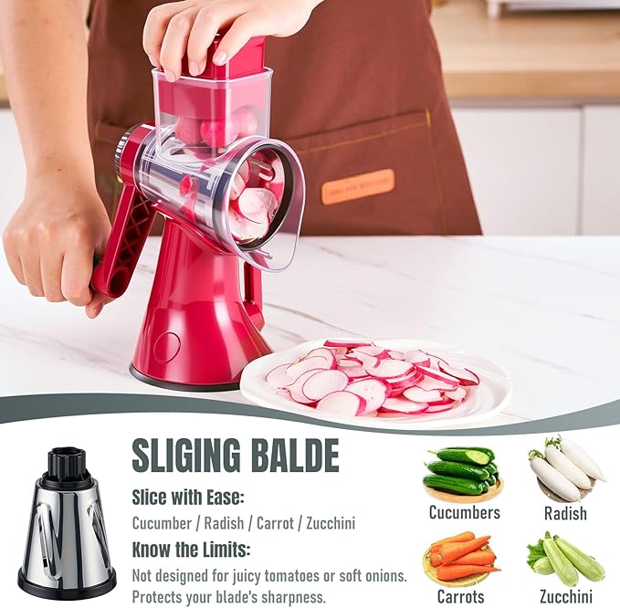 Rotary Cheese Grater with Handle - 3 in 1 Vegetable Slicer Shredder, Kitchen Mandoline with 3 Premium Stainless Steel Blades & Strong Suction Base, Easy Clean Food Chopper for Cheese Vegetables Fruits