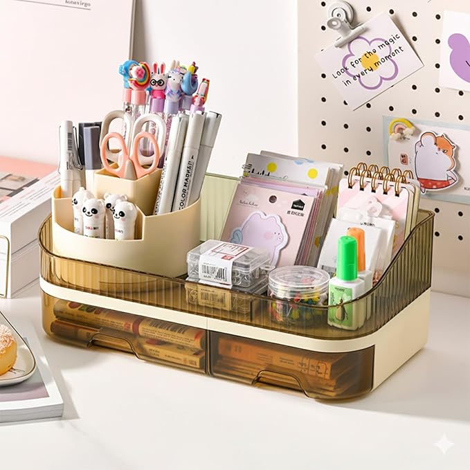 Tidyladyo Makeup Organizer with Dual Drawers - Large Capacity Countertop Cosmetic Storage for Skincare Vanity Bathroom