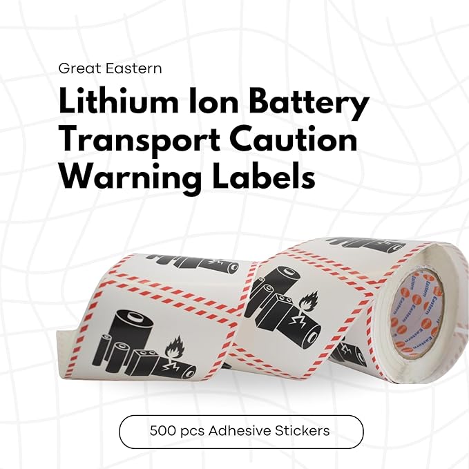 Great Eastern Lithium-Ion Battery Caution Labels – 500 Pieces, 4" × 4" Semi-Gloss Waterproof Adhesive Stickers for Transport Warning, Shipping, Handling, and Packaging (1 Roll)