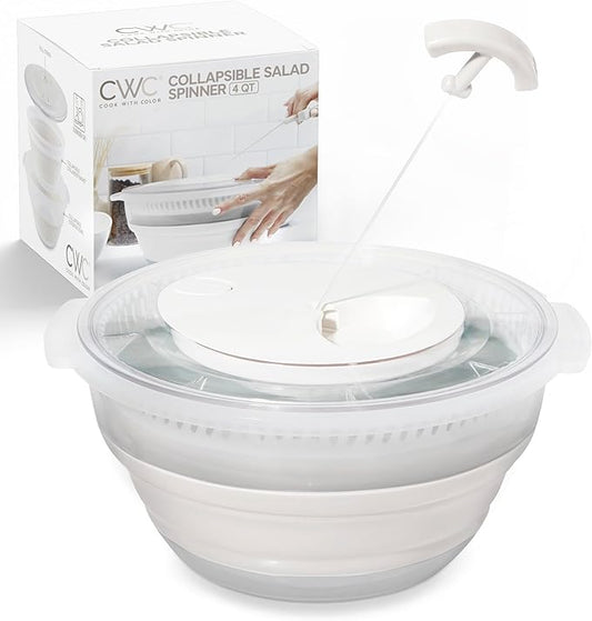 COOK WITH COLOR Collapsible Salad Spinner - 4 QT Space Saving Lettuce Dryer with Folding Collapsible Colander Great for Washing and Drying Fruit and Vegetables (White)