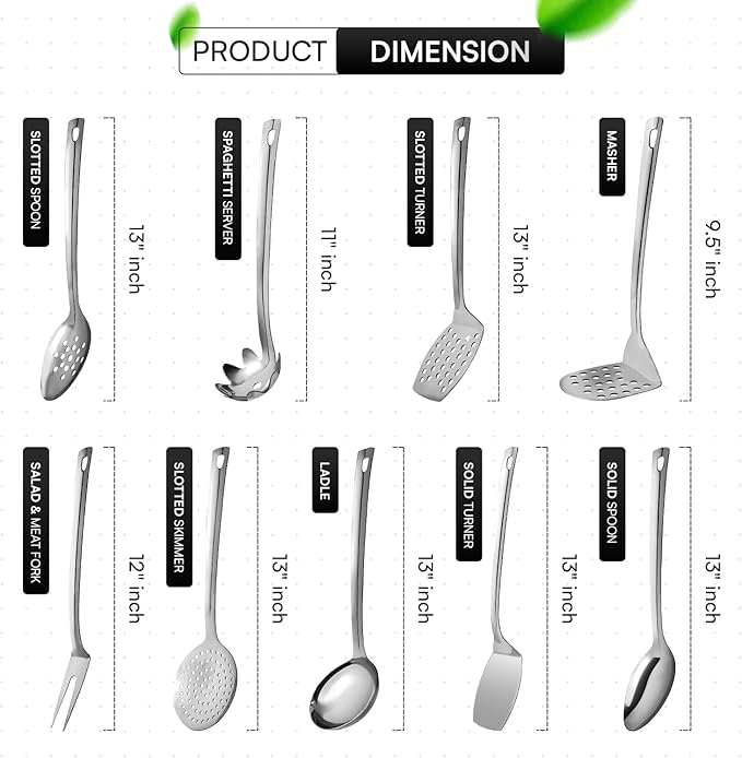 9 Pcs Premium Stainless Steel Kitchen Cooking Utensils Set Metal Cooking Utensils Tools Nonstick Heat Resistant -Ladle, Slotted Spoons, Slotted Turners, Masher, Fork, Skimmer, Spaghetti Server 13"