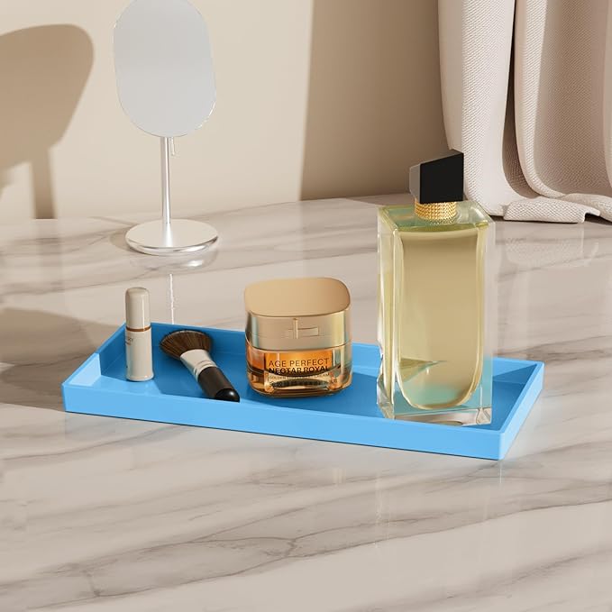 Mriluvy Vanity and Bathroom Tray, 11.8" ABS Countertop Organizer,Waterproof Vanity Tray for Toilet Tank,Perfume,Soap,Keys,Bathroom Accessories,Kitchen and Bath Trays,Non Slip Small Trays,Blue,2 Pack